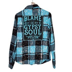 ANGRY MINNOW Shirt Unisex Small Blue Plaid Flannel Gypsy Soul Graphic Back